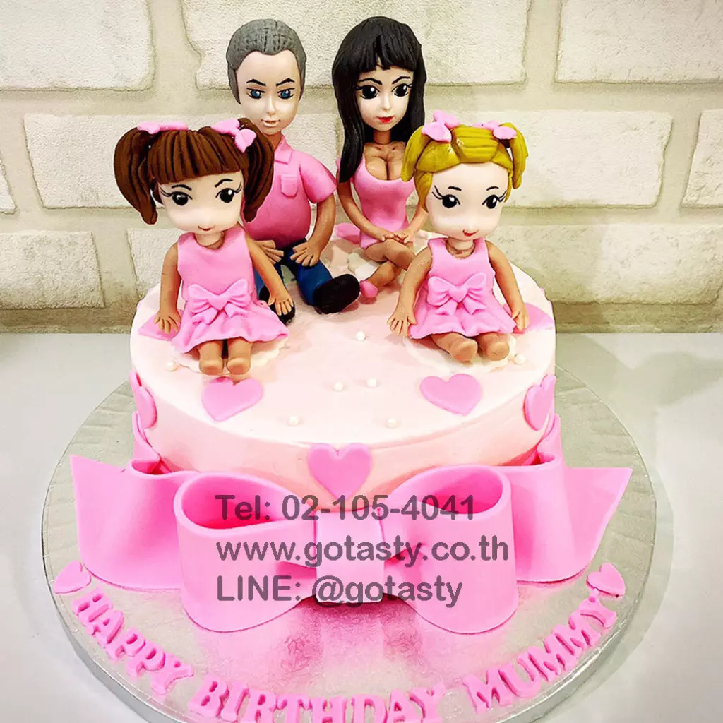 Family 3d pink cream with bow birthday cake