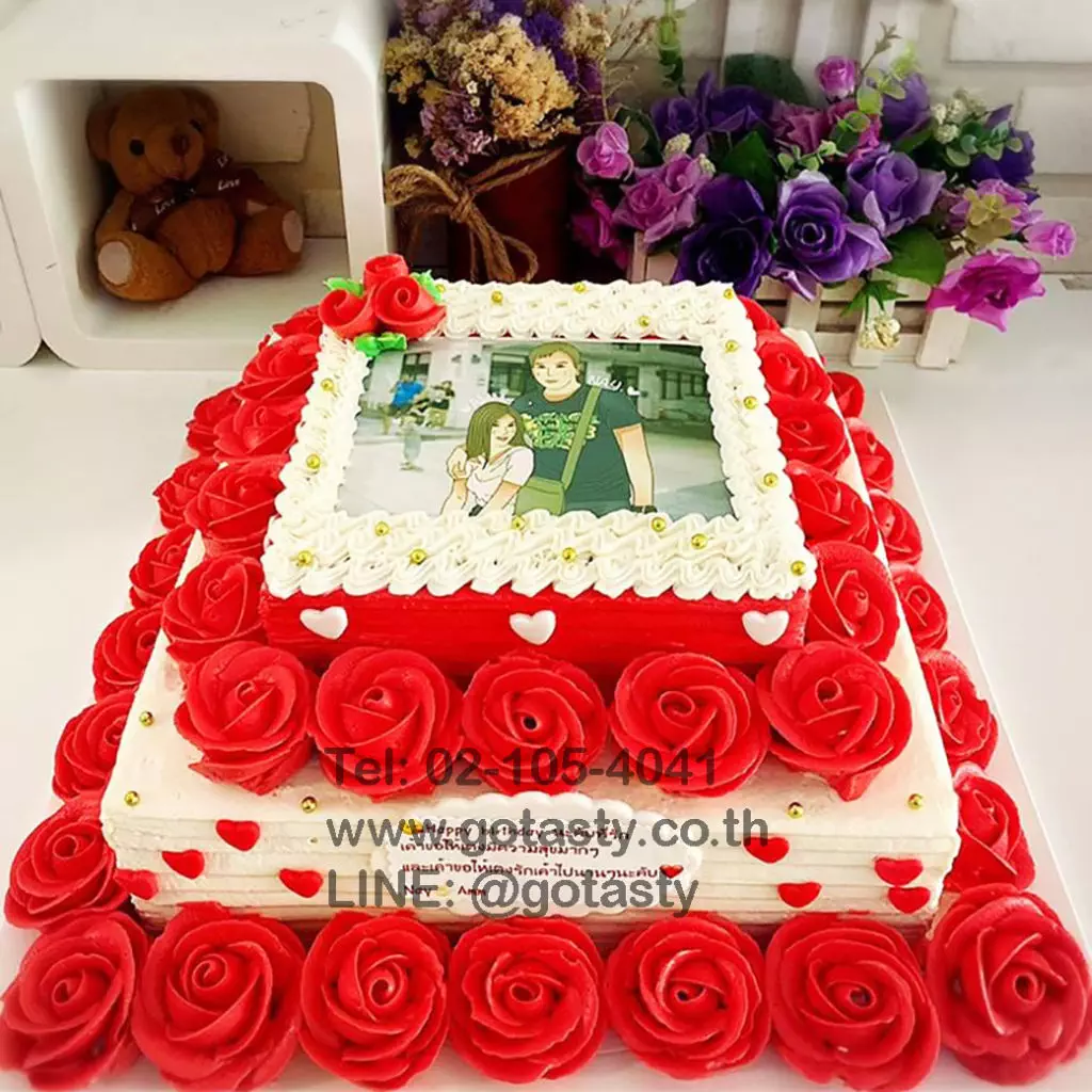 2 Layer red rose flower couple cream cake birthday