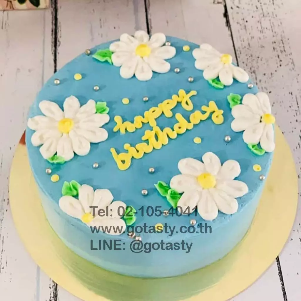 Blue cream white flower birthday cake