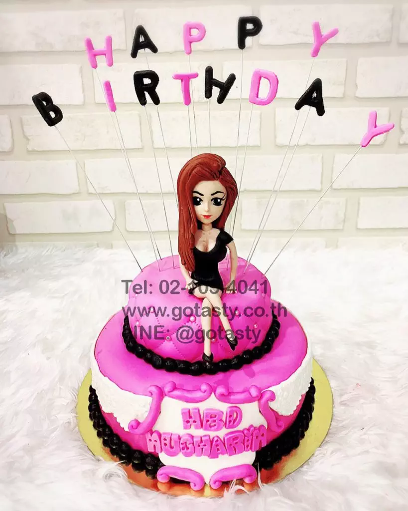 2 layer white pink 3d fondant cake woman birthday cake