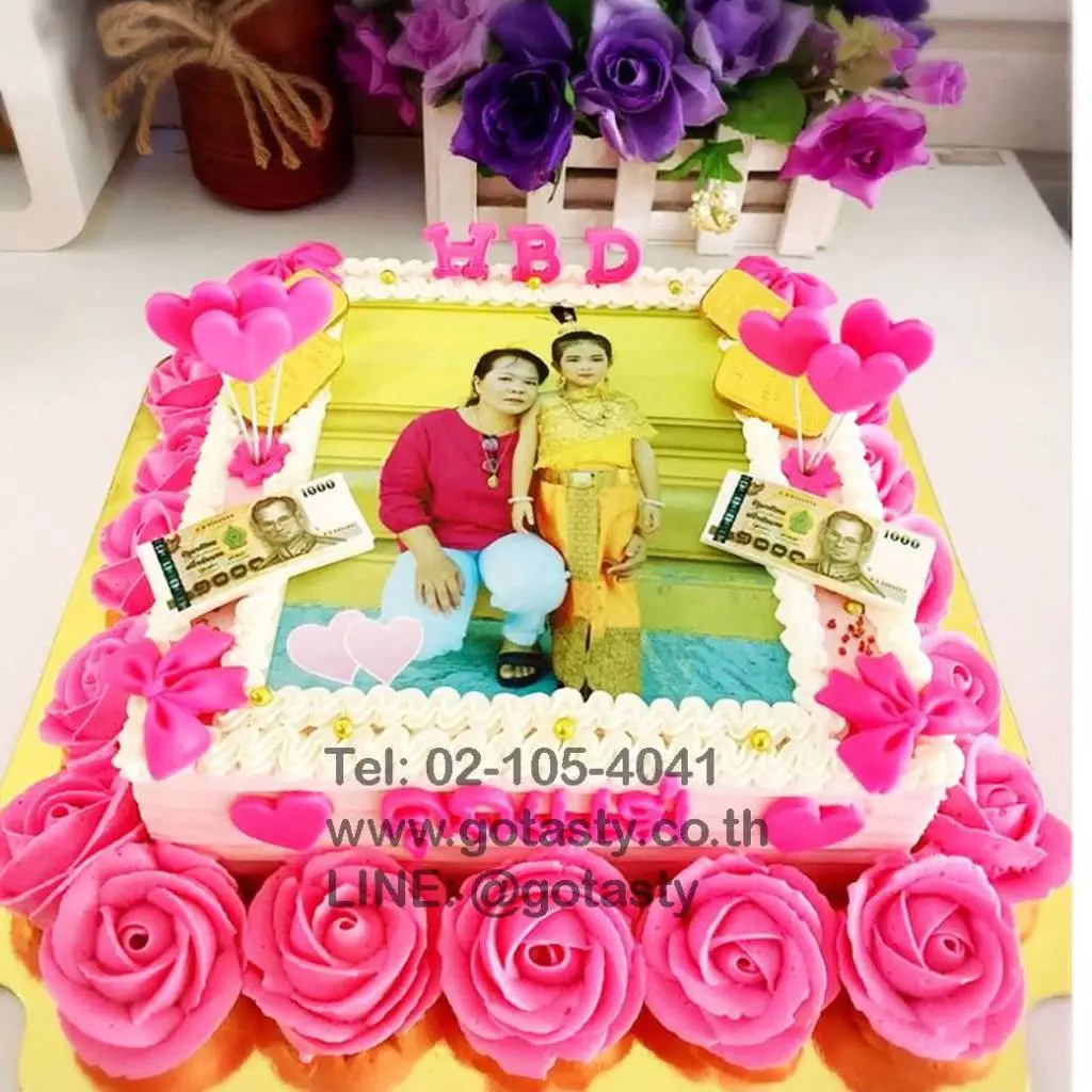 Pink rose photo cake with money and gold