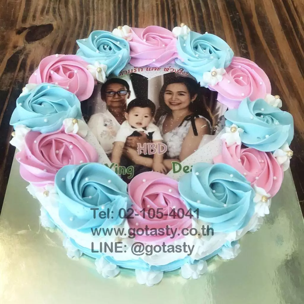 Pink and blue rose photo cake