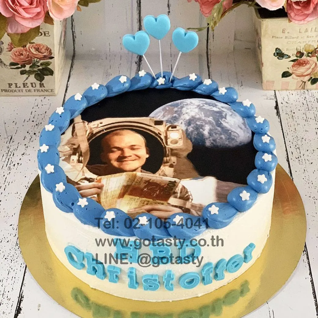Blue and white cream photo birthday cake