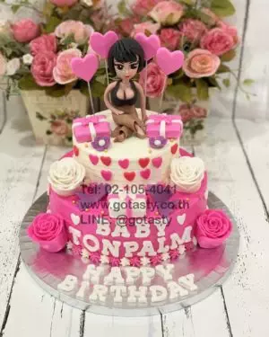 2 layer 3d lady with gift pink cream birthday cake