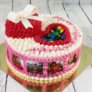 2 layers red pink M&M cream photo cake birthday