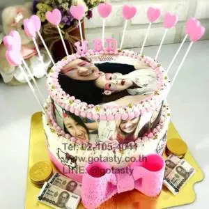2 layers pink heart bow photo cream birthday cake