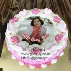 Pink and white photo birthday cake