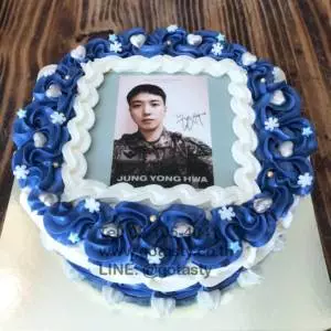 Blue and white photo birthday cake