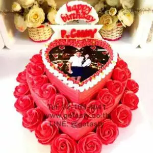 Red heart shape cream photo cake birthday